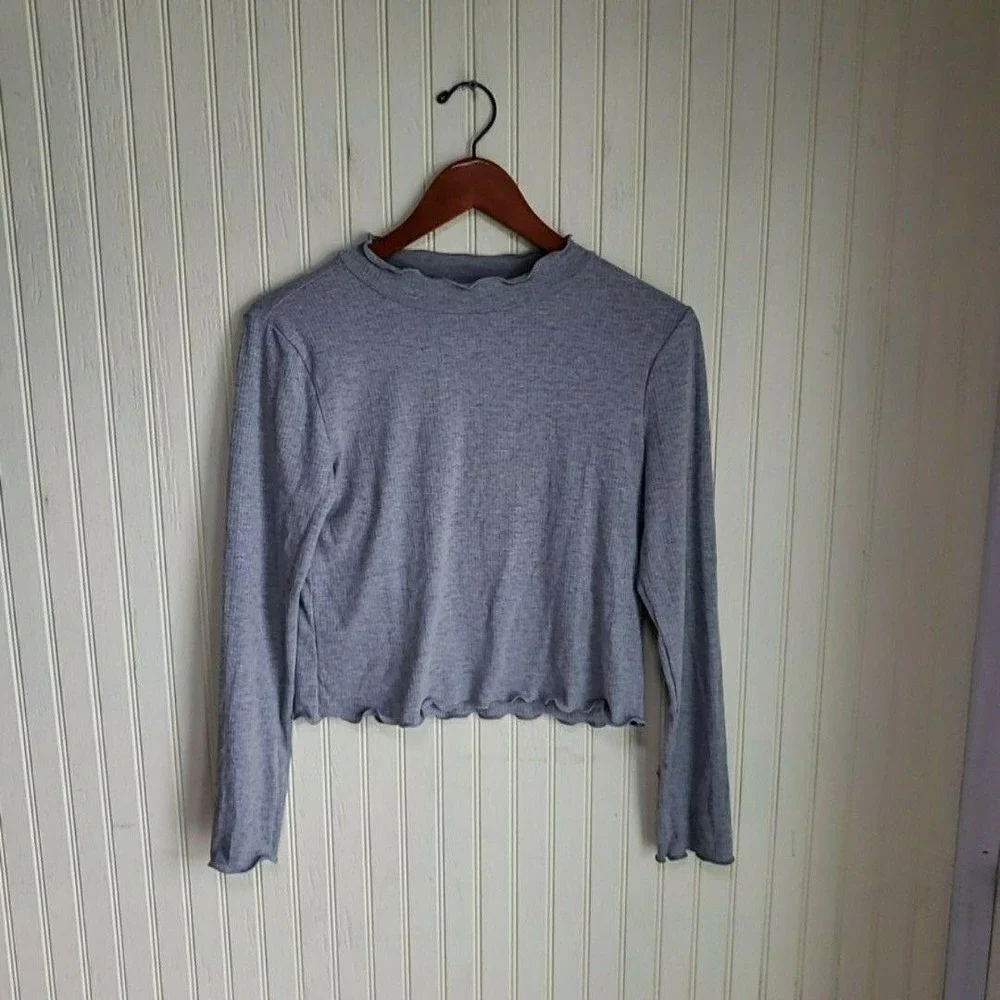Justice Shirt Girls XL Gray Ribbed Mock Neck Long Sleeve Cropped Ruffle Hem